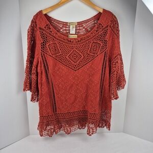 Democracy Women's Rust Orange Crochet Lace Overlay Tunic Top with Cami Blouse L